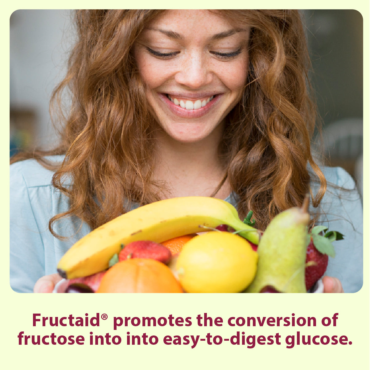 Woman holding a bunch of fruits with text about Fructaid promoting fructose conversion.
