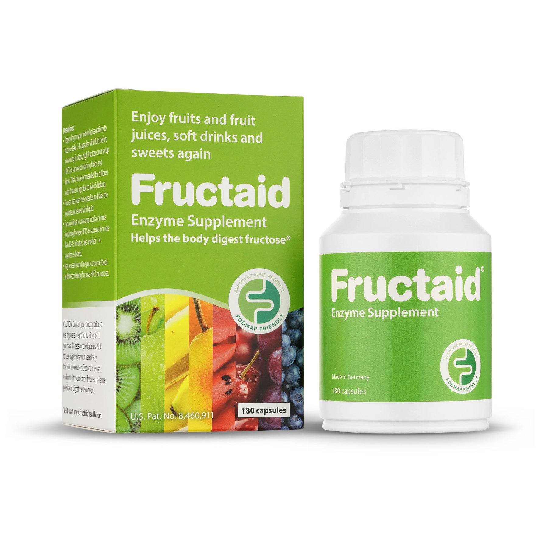 Fructaid enzyme supplement bottle and packaging on a white background