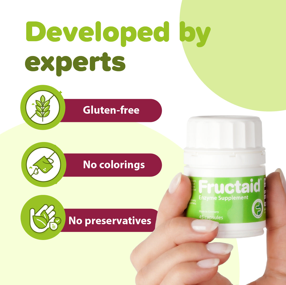 Fructaid supplement container held by a hand with green background and text about product features. 