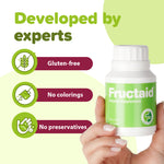 Fructaid supplement bottle held by a hand with green background and text about product features. 