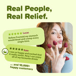 A woman holding raspberries and customer testimonials on a light green background.