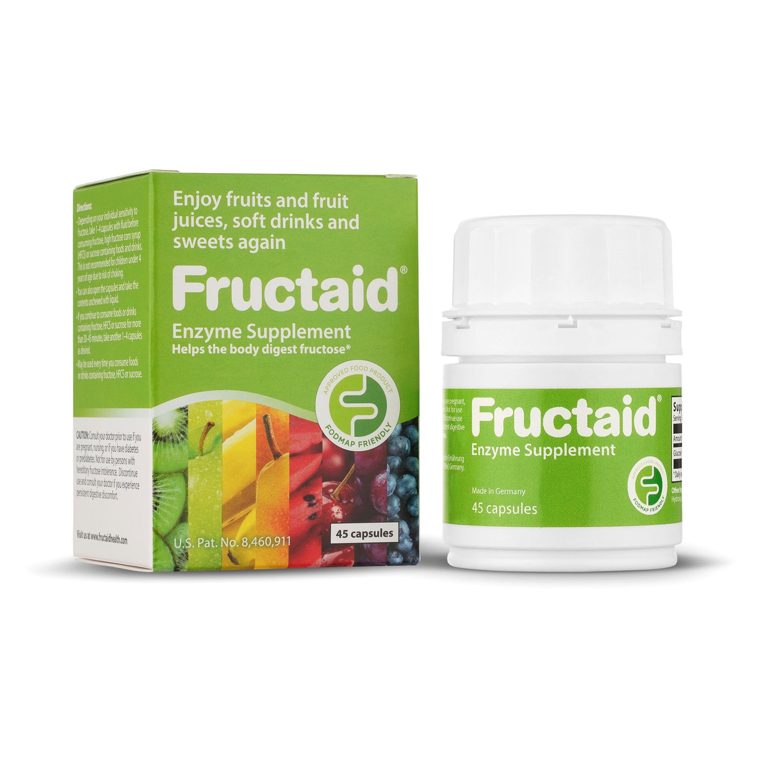 Fructaid enzyme supplement bottle and packaging on a white background 