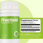 Fructaid enzyme supplement bottle with label on a green background 