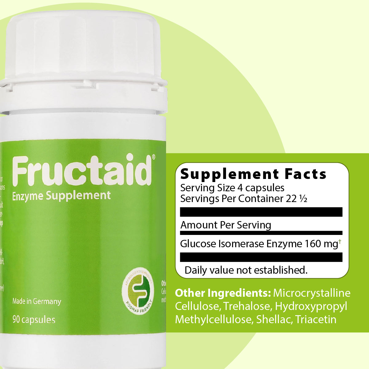 Fructaid enzyme supplement bottle with label on a green background 