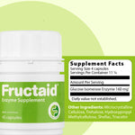 Fructaid enzyme supplement bottle with supplement facts label on a green background 