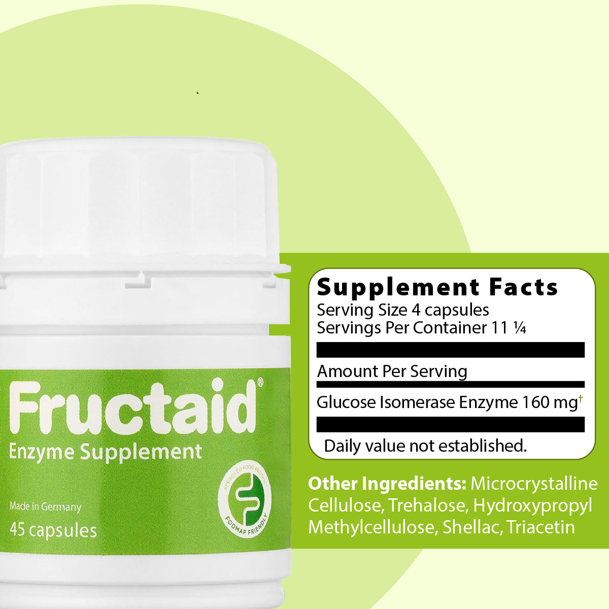 Fructaid enzyme supplement bottle with supplement facts label on a green background 