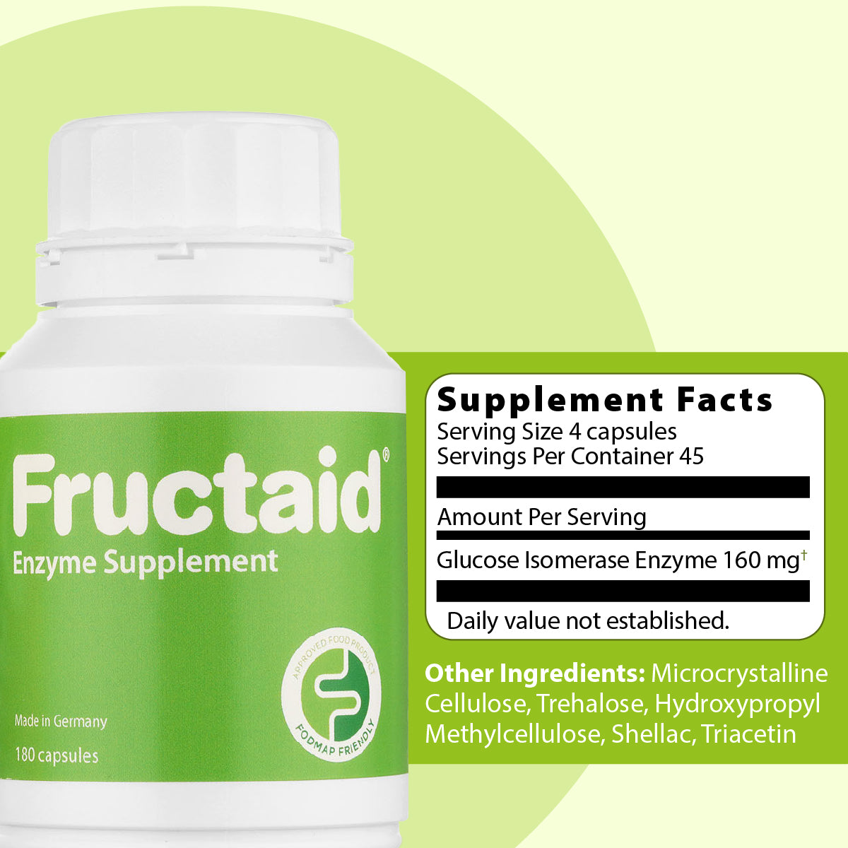 Fructaid enzyme supplement bottle with supplement facts label on a green background 