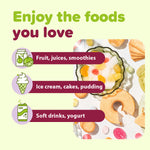 Promotional graphic with text 'Enjoy the foods you love' and images of ice cream, cakes, and soft drinks on a light green background.