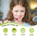 Woman eating a raspberry with a 'Happy gut, happy life' label and health benefits listed.